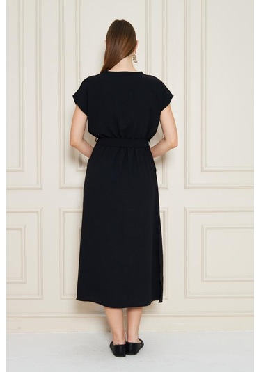 Kadın Kruvaze Yaka Cepli Derin Yırtmaçlı Beli Lastikli Aerobin Günlük Yazlık Elbise 3764341 Siyah