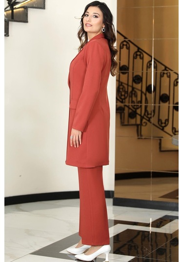 Parla Uzun Ceket Pantolon İkili Tesettür Takım Kiremit Kiremit