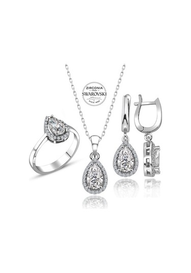 Sertifikalı Swarovski Taş Damla 925 Gümüş Set Takım