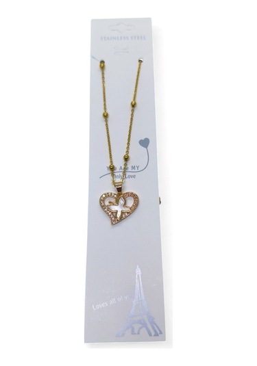 Altın Renk Beyaz Sedef Kalp Kelebek Model Top Zincir Çelik Kolye- 3725 Çok Renkli