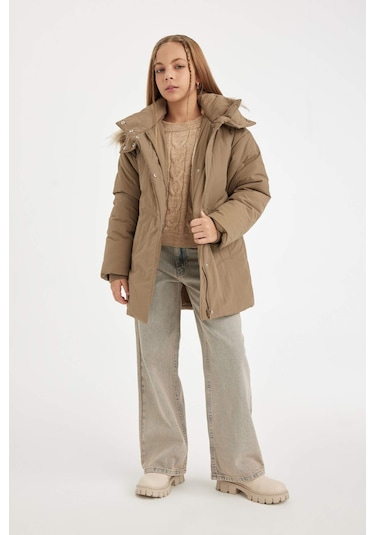 DeFacto Kız Çocuk Çıkarılabilir Suni Kürk Yaka Kapüşonlu Parka C8515A824AUBG80 Bej