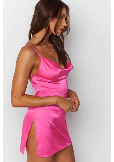 Alpinmoda Saten Yırtmaçlı Kısa Gecelik Ms23246 Pembe