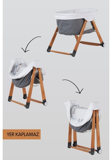 Kiwi Sleeper Anne Yanı Beşik, Portatif, Sallanır, Katlanır, Tekerlekli Bebek Beşiği - Luna Desen Gri