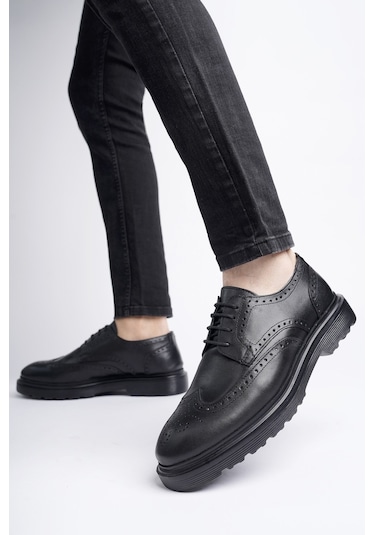 Muggo Andre Garantili Klasik Hakiki Deri Bağcıklı Ortopedik Erkek Casual Ayakkabı Siyah