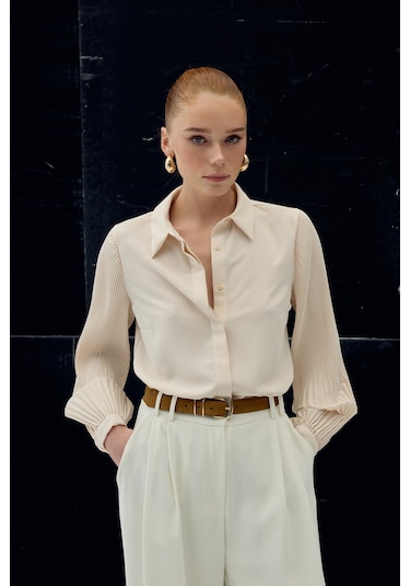 Sateen Plise Kollu Gömlek - Bej-137086 bej