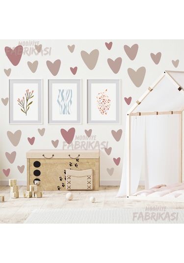 Boho Asimetrik Kalpler Çocuk Odası Duvar Sticker Seti - Uv Baskı Pembe