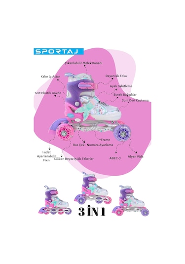 Deniz Kızı Işıklı Kız Çocuk Pateni Silikon Teker Ayarlanabilir Paten Taşıma Çantalı Pembe Lila Pembe
