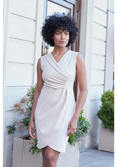 Kruvaze Anvelop Önü Büzgülü Şal Yakalı Kolsuz Likralı Krep Kumaş Elbise-taş Taş