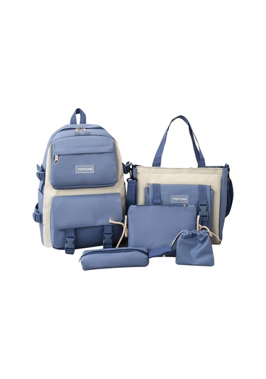 Lemestar Öğrenci İçin Kanvas Beşli Set: Okul Çantası, Sırt Çantası, Posta Çantası, Kalem Kutusu Ve El Çantası - Mavi Mavi