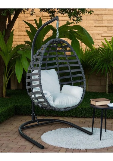 Armut Salıncak Tek Kişilik Rattan Örgü Bahçe Balkon Ev Salıncağı Gri