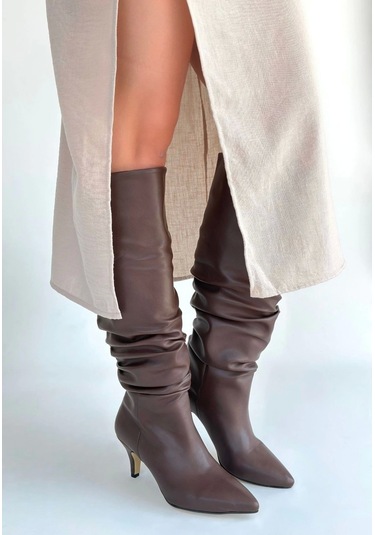 Zelya Kahverengi Cilt Topuklu Çizme Kahverengi