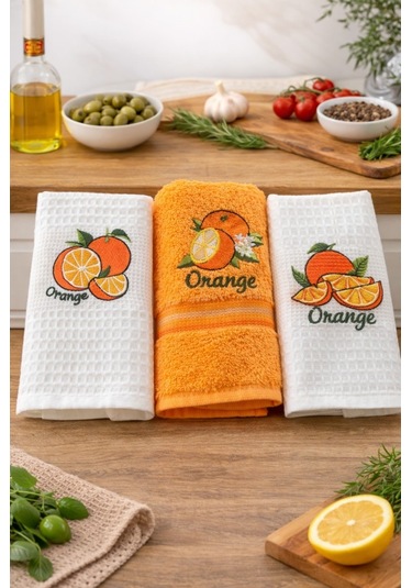 3 Lü Nakışlı Waffle Mutfak Havlusu 40x60 Cm Yumuşak & Süper Emici Turuncu