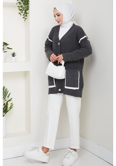 İlge Düğmeli Triko Hırka 1597 - Antrasit Antrasit