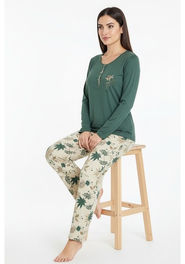 Üstü Yazılı Altı Yaprak Desenli Elite Viscose Uzun Pijama Takımı Yeşil 3565 Yeşil