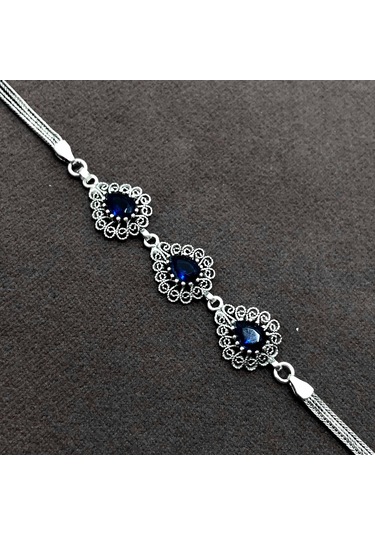 Midyatgümüşnurtaş-Safir Taşlı Damla Model Telkari Gümüş Bileklik