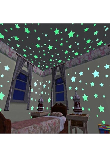 50 Adet Yeşil Renk Fosforlu Yıldız Gülen Ay Duvar Tavan Süsleri Çocuk Odası