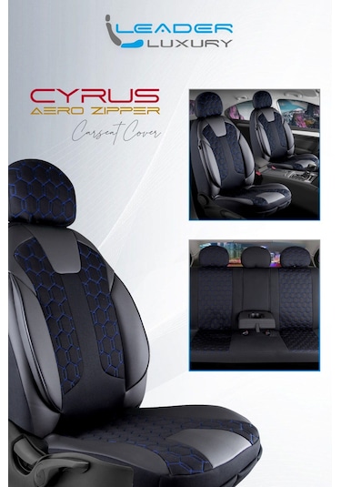 Peugeot 306 Uyumlu Deri Detaylı Oto Koltuk Kılıfı Ön Arka Takım Cyrus Siyah Mavi