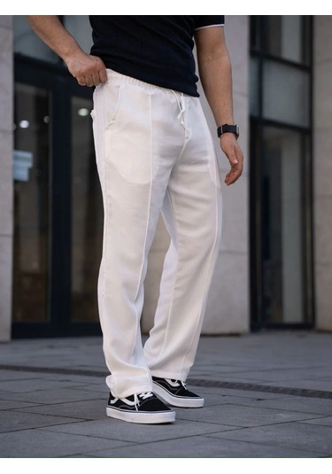 Erkek Keten Cepli Çıma Dikişli Jogger Buggy Pantalon Rahat Kalıp - Beyaz Beyaz