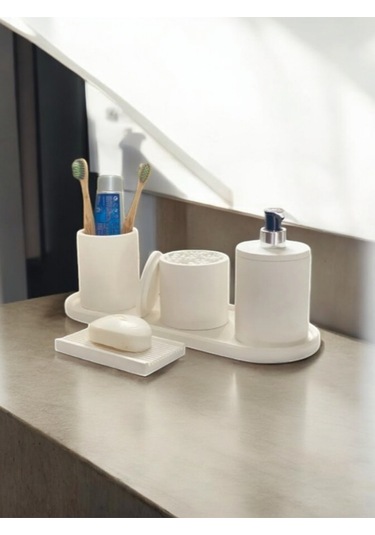 Mermer Desen Kırık Beyaz Beton Banyo Aksesuar Seti,tepsi,katı Ve Sıvı Sabunluk,pamukluk Beyaz