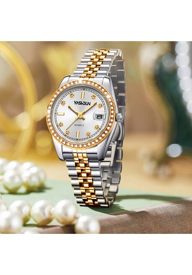 Yashıdun 5068 Şık Kadın Kuvars İzle Çelik Kayış Taklidi Dekor Aydınlık Saat - Beyaz Kadran