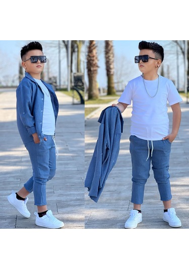 Modavals Kol Katlamalı Keten Gömlek & Beli Lastikli Keten Pantolon & Pamuklu Tshırt & Zincir Aksesuar 4lü Keten Erkek Çocuk Takım Mavi Modavals Kol Katlamalı Keten Gömlek & Beli Lastikli Keten Pantolon & Pamuklu Tshırt & Zincir Aksesuar 4lü Keten Erkek Çocuk Takım Mavi