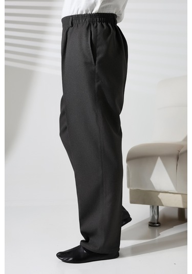 Erkek Beli Lastikli Cepli Hac Ve Umre Kışlık Yün Efektli Şalvar Pantolon - Füme İsr Füme