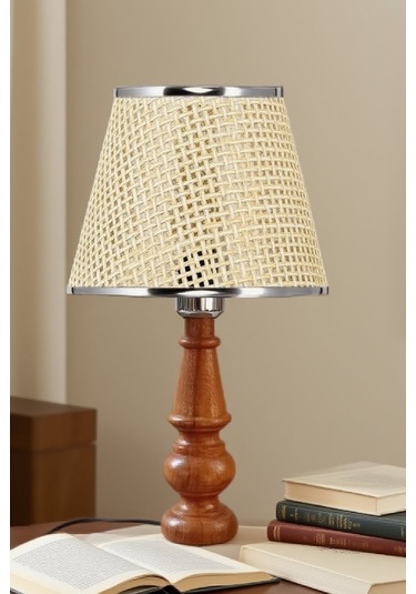 Ahşap Gövdeli Kumaş Başlıklı Dekoratif Abajur Masa Lambası Aydınlatma Lamba Bej