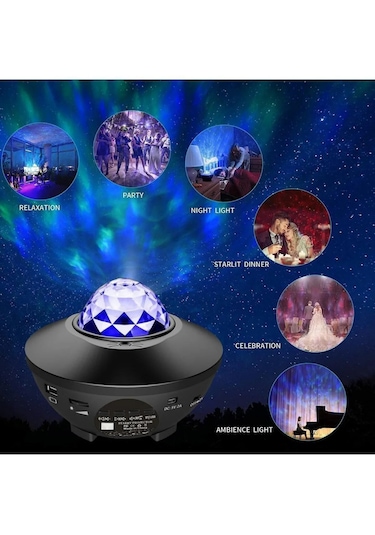 Yıldızlı Projektör Tavan Bulutsu Galaxy Lazer Işıklı Disko Topu Bluetooth Hoparlör Parti Led Lambası Siyah