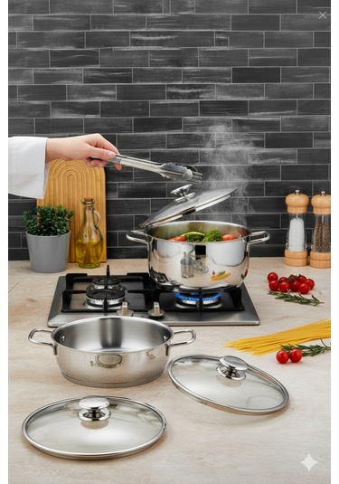 Polochef Vistal 18/10 Paslanmaz Çelik 8 Parça Derin Ve Pilav Tencere Seti 16-20-24 Cm-24cm Gümüş