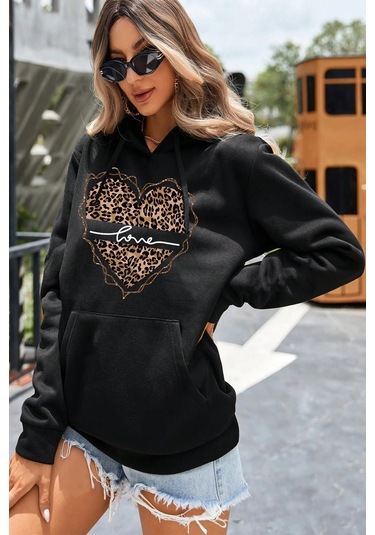 Kalp Baskılı Oversize Sweatshirt Siyah