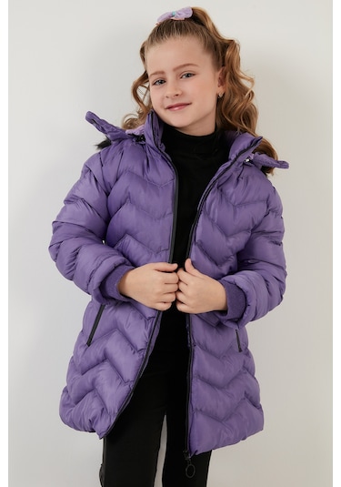 Lela Peluş Astarlı Yakası Suni Kürklü Çıkarılabilir Kapüşonlu Kışlık Kız Çocuk Mont 5766041 Lila