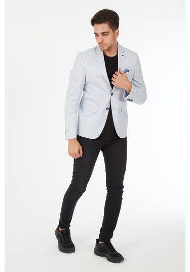 Sposo 5123 Dar Kalıp Keten Buz Mavisi Erkek Blazer Ceket Mavi