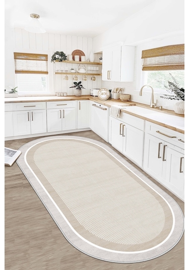 West Home Makinede Yıkanabilir Kaymaz Taban Leke Tutmaz Bej Oval Mutfak Halısı Salon Halısı Ve Yolluk
