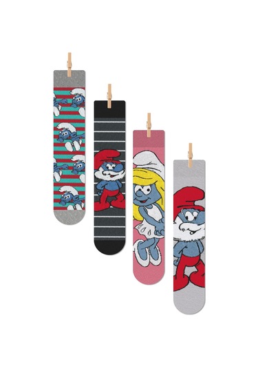 Şirinler Desenli Dört Mevsim Unisex Renkli 4'lü Soket Çorap Seti Çok Renkli