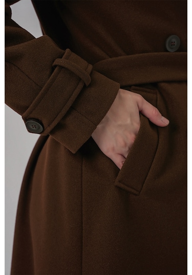 Kadın Kuşaklı Kaşe Kaban 9161 - Kahverengi Kahverengi