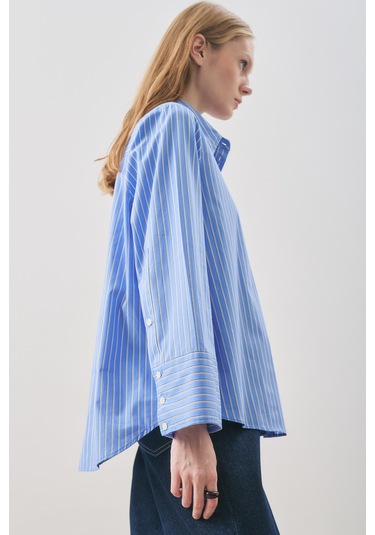 Oversıze Çizgili Gömlek Mavi Çizgi Mavi Çizgi