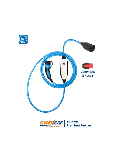Mobilcar Taşınabilir Elektrikli Araç Şarj Istasyonu - Ev Tipi Fiş - 22KW 32A 5m Wifi + Bluetooth