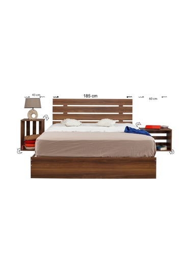 Pasifichome Huga Çift Kişilik Ahşap Karyola Komodin Takım Ceviz 180 Cm