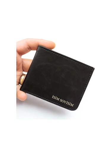 Vegan Deri Cüzdan İsim Baskılı Süper Ince Model 5 Adet Kart Kapasiteli Gizli Çıtçıtlı Kapama Siyah Siyah