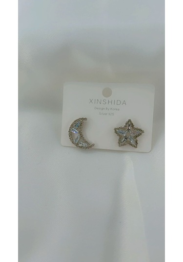 Kadın Ay Yıldız Model Küpe Gümüş Renk Gümüş