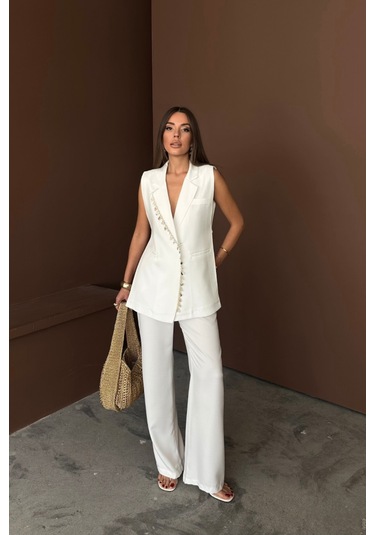 Yaka Midye Kabuğu Sıralı Yelek - Pantolontakım Keten Kumaş - Beyaz Beyaz