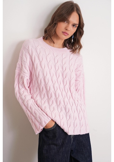 6973 Kadın Saç Örgülü Regular Basic Triko Kazak Pembe Pembe