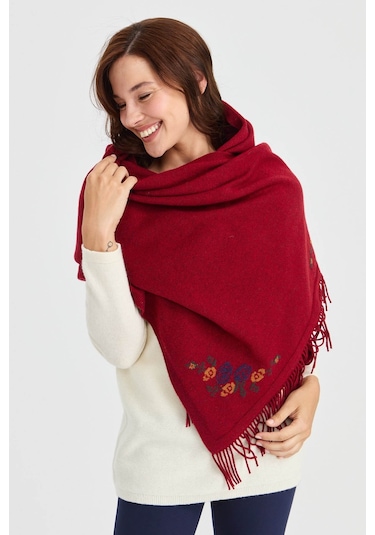 Desen Triko Kadın Triko Kenarı Çiçekli Yün Şal 23224 V.kırmızı Kırmızı