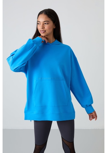 Tommy Life Mavi Balon Kol Yazı Nakışlı Kadın Oversize Tunik Sweatshirt - 97163 Mavi