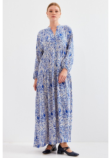 Bigdart Kadın Desenli Saks Viskon Tesettür Elbise 2423 001