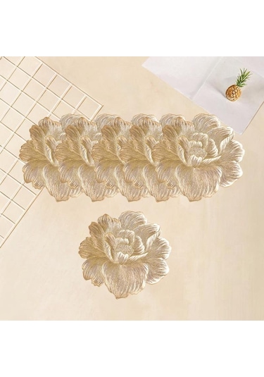 Suntek 6 Adet Çiçek Placemat Pvc Batı Tatil Tezgahı Mutfak Altın Altın