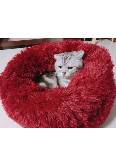 Mufunye Yumuşak Peluş Yuvarlak Evcil Hayvan Yatağı İçin Kedi Küçük Köpekler İçin Kırmızı - 50 Cm Çap