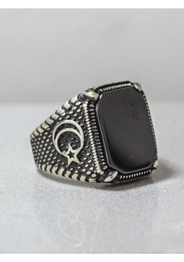 Gümüş Ay Yıldız Model Kare Oniks Taşlı Erkek Yüzük