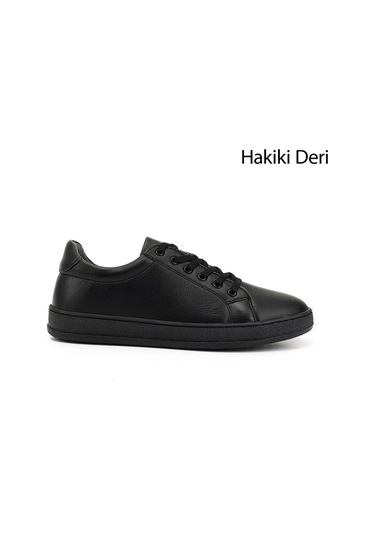 Gönderi R Siyah Lastik Bağcıklı Hakiki Deri Sneaker Siyah