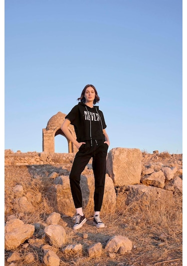 Monamise Kadın Kapüşonlu "never Give Up" Eşofman Takımı 23096 Siyah